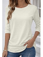 baratos Camiseta lisa-Camiseta 100% Algodão Feminina Cor Sólida Básica Clássica Casual de Manga Longa com Decote Redondo Tops Regulares para o Dia a Dia Saídas Preta Branca Vermelha Azul Marinho Verde Menta Primavera