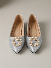 abordables Mère de la Mariée/Marié-Ballerines dorées à paillettes ornées de perles, élégantes chaussures pour la mère de la mariée lors d'un mariage en ville, ballerines confortables à bout pointu pour une occasion formelle.
