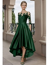 halpa Nilkkapituus-A-linja Epäsymmetrinen Polven yli Juhlamekko Coctail-asu Häävieraspuku Morsiammen äidin asu 3/4 hiha Kauha Tyylikäs Lyhyt ja matala Häävieras Syntymäpäivä Satiini Pitsi kanssa Laskokset Applikaatiot