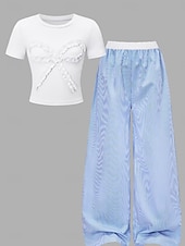 economico Completi per bambine-2 Pezzi Bambini Ragazze Grafico Tasca T-shirt e pantaloni Impostato Manica Corta Sport Casuale 7-13 Anni Estate Blu