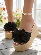 voordelige Sleehaksandalen-Groene sleehak sandalen voor dames – stijlvolle, met bloemen versierde slippers met een sleehak van espadrille-imitatie, perfect voor casual uitjes, zomervakanties en strandfeestjes.