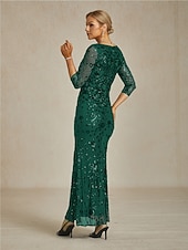 cheap Cocktail Dress-Women's Maxi Dress Sheath Dress Trumpet Mermaid Dress Bodycon Dress Elegant Formal Cocktail Evening Party Sequins Embroidered Floral 3/4 Length Sleeve V Neck Emerald Green