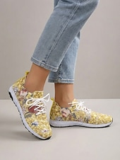 cheap Women's Sneakers-Women's Yellow Floral Print Knit Sneakers – Lightweight Breathable Casual Shoes with Cushioned Non-Slip Sole, Fashion Walking Shoes for Travel, Outdoor and Everyday Wear