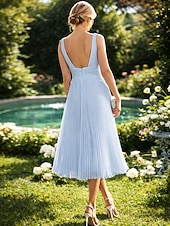 cheap Cocktail Dresses-A-Line Cocktail Dresses Elegant Dress Formal Wedding Guest Tea Length Sleeveless V Neck Chiffon with Ruched Pure Color Dresses