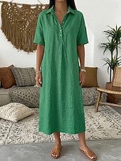voordelige Witte jurk-Dames Halflange jurk Zonnejurk Zomerjurk Vakantie Casual Boho Dagelijks Feestdagen Uitgaan Ruim Passend Effen Korte mouw Revers blauw Grijs roze Zwart Geel Zomer Lente
