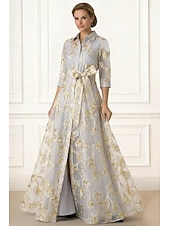 billige Gulvlengde-A-linje Gulvlengde Skjortekjole Gjestekjole til bryllup Formell kjole Kjole til brudens mor 3/4 ermer Skjortekrage Elegant Enkel Formell Organza Jacquard med Sløyfe(r)