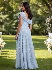 preiswerte Bodenlänge-Ballkleid A-Linie Bodenlang Brautmutterkleid Ärmellos Ein-Schulter Elegant Formell Hochzeitsgast Formeller Abend Tüll mit Falten Gerafft Stickerei