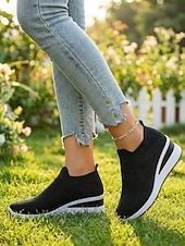 ieftine Femei-Teniși slip-on albi tricotați cu platformă pentru femei – pantofi sport ușori și respirabili, pentru activități în aer liber, plimbări, călătorii și purtare zilnică