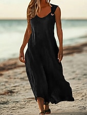 cheap Dresses-Women's Maxi Dress Linen-feel Dresses A Line Dress Summer Dress Casual Daily Loose Fit Plain Sleeveless V Neck Blue Black White Yellow Summer
