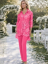 economico Tailleur pantalone della mamma-Tuta Completo Pantalone Tre Pezzi Lunghezza alla caviglia Abito da cerimonia per signora Manica 3/4 Scollo a V Elegante Taglie Forti Formale Ospite di nozze Chiffon Pizzo Con Stola con Paillettes