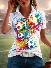 abordables Partido de Fútbol Mundial-Camiseta de la Mujer del Partido Mundial de Fútbol 2026 Estampado Gráfico Media Cierre Cremallera Bloque de Color Abstracto Tropical Hawaiano Estiloso de Manga Corta Cuello Alto Tops Regulares playa