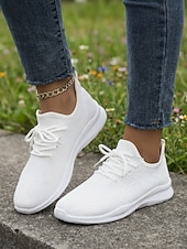 cheap Women's Sneakers-Women's White Knit Sneakers – Lightweight Breathable Lace-Up Design Sport Shoes, Casual Walking Shoes for Gym, Travel and Everyday Wear