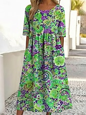 お買い得  花柄ドレス-女性用 ミディドレス カジュアルドレス プリントドレス ファッション アウトドア バケーション お出かけ ルーズフィット フラワー グラフィック 半袖 クルーネック ブルー ライトイエロー パープル グリーン 夏 春