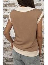  Women's T Shirt Tee Patchwork Zip Front Contrasting Colors Stylish Casual Short Sleeve Cap Sleeve Polo Collar Long Tops Daily Going out Brown Summer Spring