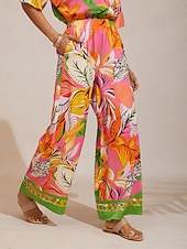 tanie Spodnie-Dzikie satynowe spodnie z szerokimi nogawkami w kształcie hibiskusa