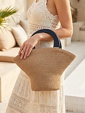 tanie Torby i torebki-Duża damska torebka ze słomy plecionej, wielokolorowa, z ekologicznego plecionego materiału, stylowa letnia torba, idealna na co dzień, na wakacje na plaży i do kurortu