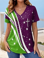 ieftine Ziua Independenței Top-Ziua Independenței Americane Pentru femei Tricou Imprimeu Grafic Steag Stilat Clasic Casual Manșon scurt În V Topuri obișnuite Zilnic Roșu-aprins Mov Trifoi Vară Primăvară