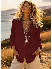 abordables Camisas-Mujer Camisas con tacto de lino Sayo Abotonar Tops largos de algodón Plano Diario Básico Casual Manga Larga Cuello Mao Tops largos Casual Diario Trabajo Azul Piscina Negro Blanco Rojo Otoño invierno