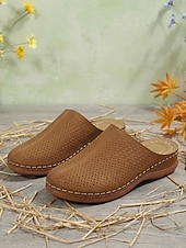 baratos Socas &amp; Mules de mulher-Mules femininas perfuradas, estilo slip-on – sapatos brancos em couro sintético com salto confortável para uso diário, passeios casuais e um estilo descontraído de verão.