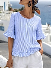 preiswerte Streifen- und geometrische Blusen-Damen Bluse Rüsche Druck Gestreift Stilvoll Lässig Dreiviertelarm Rundhalsausschnitt Normale Oberteile Täglich Blau Sommer Frühling Herbst