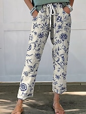 preiswerte Gerade geschnittene Hose-Damen Chinos Gerade Urlaub Streetwear Lässig Volle Länge Mittlere Taillenlinie Blumen Grafik Kordelzug Tasche Drucken Bequem Komfort Atmungsaktiv Mikroelastisch Täglich Outdoor Streetwear Blau
