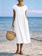 preiswerte Wesentliche Falsche Kleider-Damen Midikleid A Linie Kleid Sommerkleid Lässig Täglich Lässiger Schnitt Einfach Kurzarm Rundhalsausschnitt Blau Schwarz Weiß Rosa Sommer Frühling