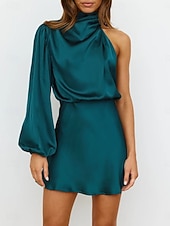 abordables Vestido Sencillo-Mujer Mini vestido Vestido de raso Vestido de Fiesta Vestido Cóctel Vestido tubo Elegante Moda Fiesta Fiesta de Cóctel Cita Ajuste regular Plano Manga Larga Escote Chino turquesa Negro Verde Claro