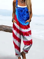  Salopette da donna per il giorno dell'indipendenza, grafica attiva, senza maniche, dritta, scollo quadrato, tasca con taschino, per tutti i giorni, spiaggia, vestibilità ampia, bianca, rossa, blu