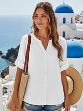 abordables Blusas Sencillas-Mujer Camisa Camisa con botones Camisa casual Blusa Botones Plano Elegante Clásico Moderno Manga Corta Escote en Pico Tops regulares Diario Festivos Noche Azul Piscina Negro Blanco Verde Ejército