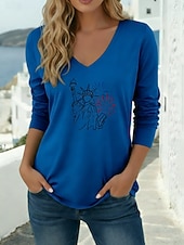 cheap Independence Day Top-American Independence Day Women's T Shirt Long Cotton Top Tee Top Print Graphic Stylish Classic Casual Long Sleeve V Neck Regular Tops Daily Going out Weekend Blue Black White Red Green Spring Fall