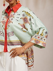 economico Bluse e camicie-Camicia etnica in raso setoso con maniche a pipistrello e motivo totem.