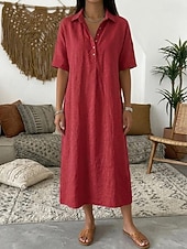 voordelige Witte jurk-Dames Halflange jurk Zonnejurk Zomerjurk Vakantie Casual Boho Dagelijks Feestdagen Uitgaan Ruim Passend Effen Korte mouw Revers blauw Grijs roze Zwart Geel Zomer Lente