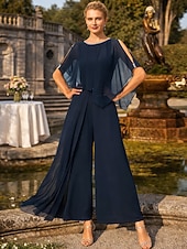 abordables Combinaisons pour maman-Combinaisons Longueur cheville Robe de Mère de Mariée  Sans manches Col Rond Élégant Fête Formel robe demoiselle d honneur Chiffon avec Perlage