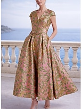 abordables Vestidos de cóctel-Corte A Hasta el Tobillo Vestido Midi Vestidos de coctel Elegante Floral Manga Corta Escote en Pico Boda Formal Bolsillo Jacquard con Estampado flor Plisado