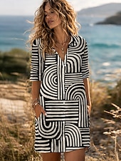  Per donna Mini Abito Finto cotone e lino Abito Camicia Vestito Casual Abito Stampato Moda Moderno Quotidiano All'aperto Weekend Vestibilità regolare Linea Manica 3/4 Colletto a Camicia Nero Estate