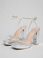 cheap Heeled Sandals-Women's Silver Platform High Heel Sandals, Rhinestone Ankle Strap Chunky Heels for Nightlife Party, Clubbing &amp; Evening Events