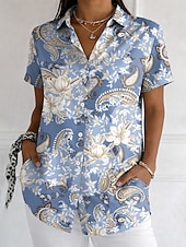 baratos Arte &amp; Design Blusas-Mulheres Camisa Social Botões Imprimir Gráfico Estampado Cashemere Vintage à moda Moderno Manga Curta Colarinho de Camisa Tops regulares Diário Azul Roxo Verde Cáqui Verão Primavera