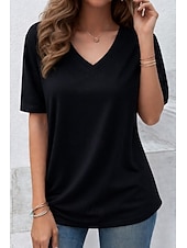 お買い得  プレーンTシャツ-女性用 オーバーサイズ Tシャツ 純色 エレガント スタイリッシュ カジュアル 半袖 Ｖネック ロングトップス 日常 お出かけ ブラック ホワイト イエロー グレー ライトブルー 夏 春