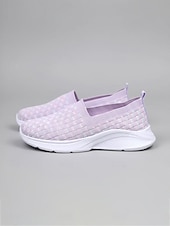 cheap Women's Sneakers-Women's Light Purple Flyknit Slip-On Sneakers – Lightweight Breathable Comfort Walking Shoes for Daily Wear, Travel and Long Hours Standing
