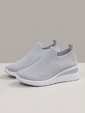 ieftine Femei-Teniși slip-on albi tricotați cu platformă pentru femei – pantofi sport ușori și respirabili, pentru activități în aer liber, plimbări, călătorii și purtare zilnică
