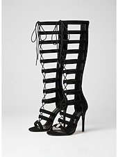 abordables Sandalias Gladiador-Tacones de aguja estilo gladiador negros para mujer: zapatos sexys para fiestas nocturnas y discotecas.