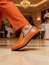 economico Mocassini-Mocassini eleganti da uomo in pelle stampata coccodrillo arancione, tomaia in pelle dai colori vivaci, stile di lusso alla moda, ideali per trendsetter, eventi serali e matrimoni