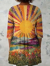  Damen Bluse Druck Grafik Sonne Urlaub Täglich Lässig Dreiviertelarm V Ausschnitt Normale Oberteile Täglich Ferien Ausgehen Orange Sommer Frühling Herbst