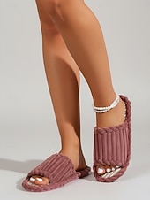 Недорогие Женские тапочки и шлепанцы-Женские темно-красные летние плюшевые домашние тапочки с открытым носком – мягкие, дышащие, с плетеной амортизирующей стелькой для дома, спальни и повседневного комфорта.