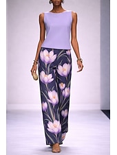 cheap Two Piece Sets-Women's Pants Sets Sleeveless Crew Neck Floral Graphic Elegant Vacation Daily Casual Daily Formal Blue Purple Green Summer Regular Fit Loose Fit