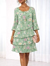abordables Robes en chiffon-Femmes Bleu Ciel Vert Claire Orange Été Printemps Mini Robe Robe fourreau Occasionnel Formel Coupe régulière Fleuri Graphique Col ras du cou