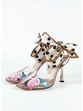 abordables Sandalias de tacón-Sandalias de tacón alto con tiras y estampado de mariposas rosas para mujer - sandalias metálicas con cinta de lunares para eventos nocturnos, fiestas de vacaciones y galas.