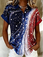 baratos Dia da Independência Top-Camisa Feminina Dia da Independência Americana Blusa Manga Curta Gráfica Bandeira Vintage Estilosa Casual Sem Mangas Gola Regular Tops Diários Azul Branco Azul Claro Verão Primavera
