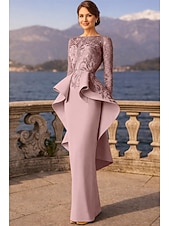 baratos Comprimento do chão-Tubinho Longo Vestido de convidada de casamento Vestido formal Vestido de noite Vestido Para Mãe dos Noivos Manga Longa Scoop pescoço Elegante Festa Formal Convidado do casamento Renda Tecido Que