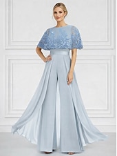 abordables Monos de mamá-Traje de pantalón Hasta el Suelo Vestido formal Vestido de Madrina Manga Corta Cuello Barco Elegante Sencillo Embellecido Formal Invitado a la boda Iglesia Gasa con Cuentas Apliques